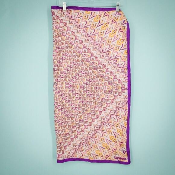 Missoni Silk Signature Abstract Flamestitch Print Purple Yellow Square Scarf - Picture 3 of 4